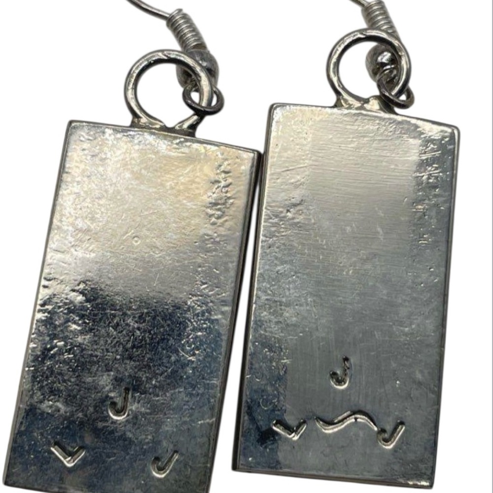 Native American crafted Turquoise and Silver Rectangular Earrings - Picture 4 of 4